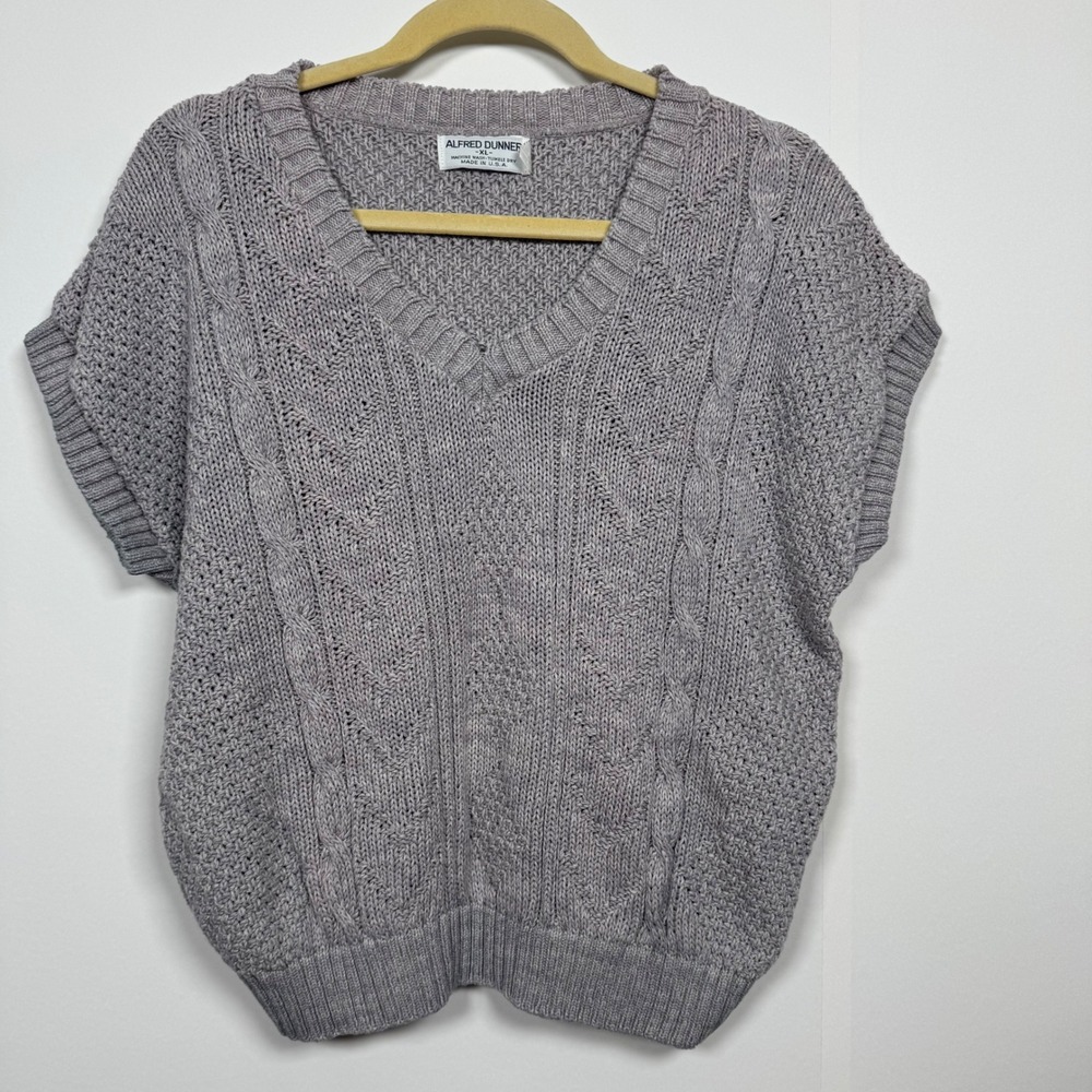 VTG Women XL Gray Cable Knit Cotton Sweater Vest Fisherman Preppy Academia Retro